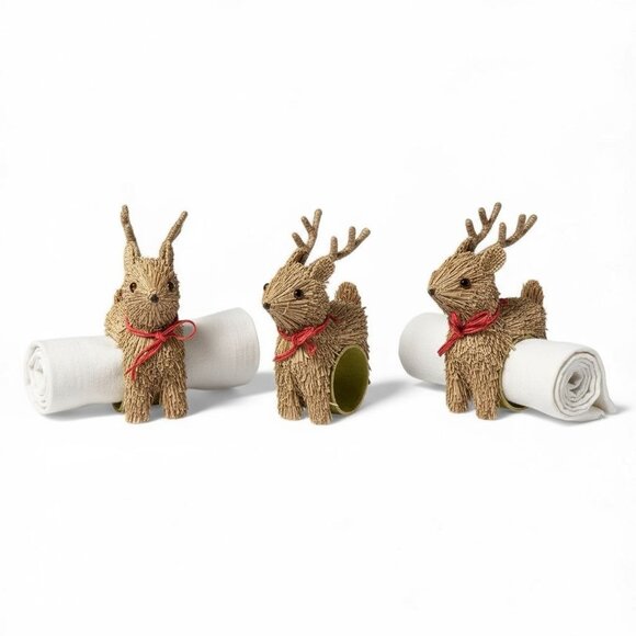 Set Of 3 Pier One Reindeer Napkin Rings Rustic Straw Design With Red Bow Accents - Picture 1 of 4